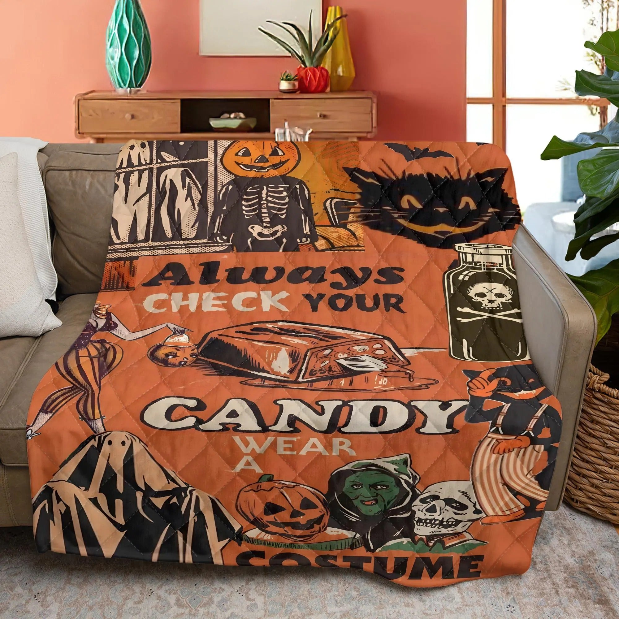 Halloween Quilt Bedding Set, Pumpkin Spooky Blanket, Halloween Home Decor
