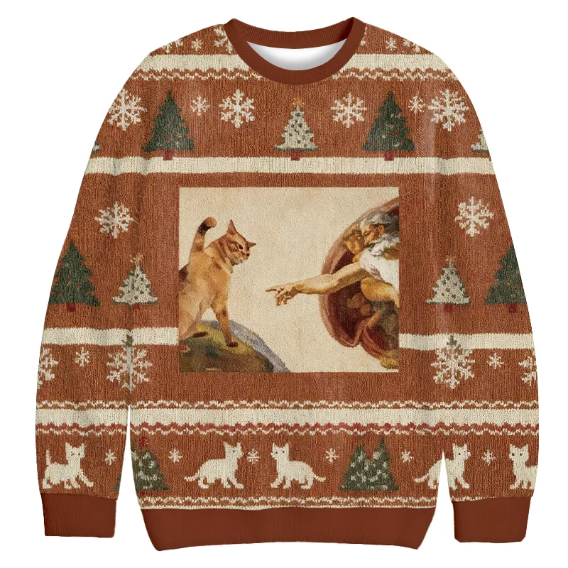 Cat God Creation Of Adam Meme Ugly Sweater, Funny Christmas Ugly Sweatshirt, Gift Ideas For Cat Lovers