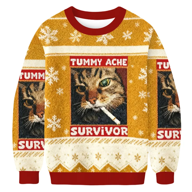 Tummy Ache Survivor Smoking Cat Ugly Sweater, Funny Christmas Ugly Sweatshirt, Xmas Ugly Sweater