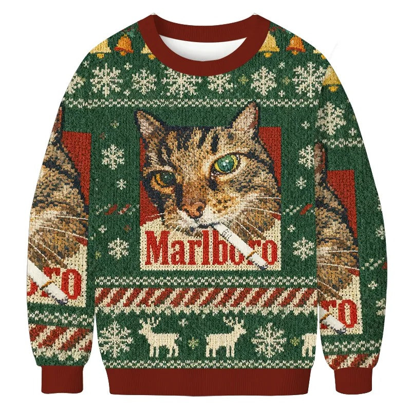 Green Funny Smoking Cat Ugly Sweater, Gift Ideas For Cat Lovers, Christmas Ugly Sweatshirt