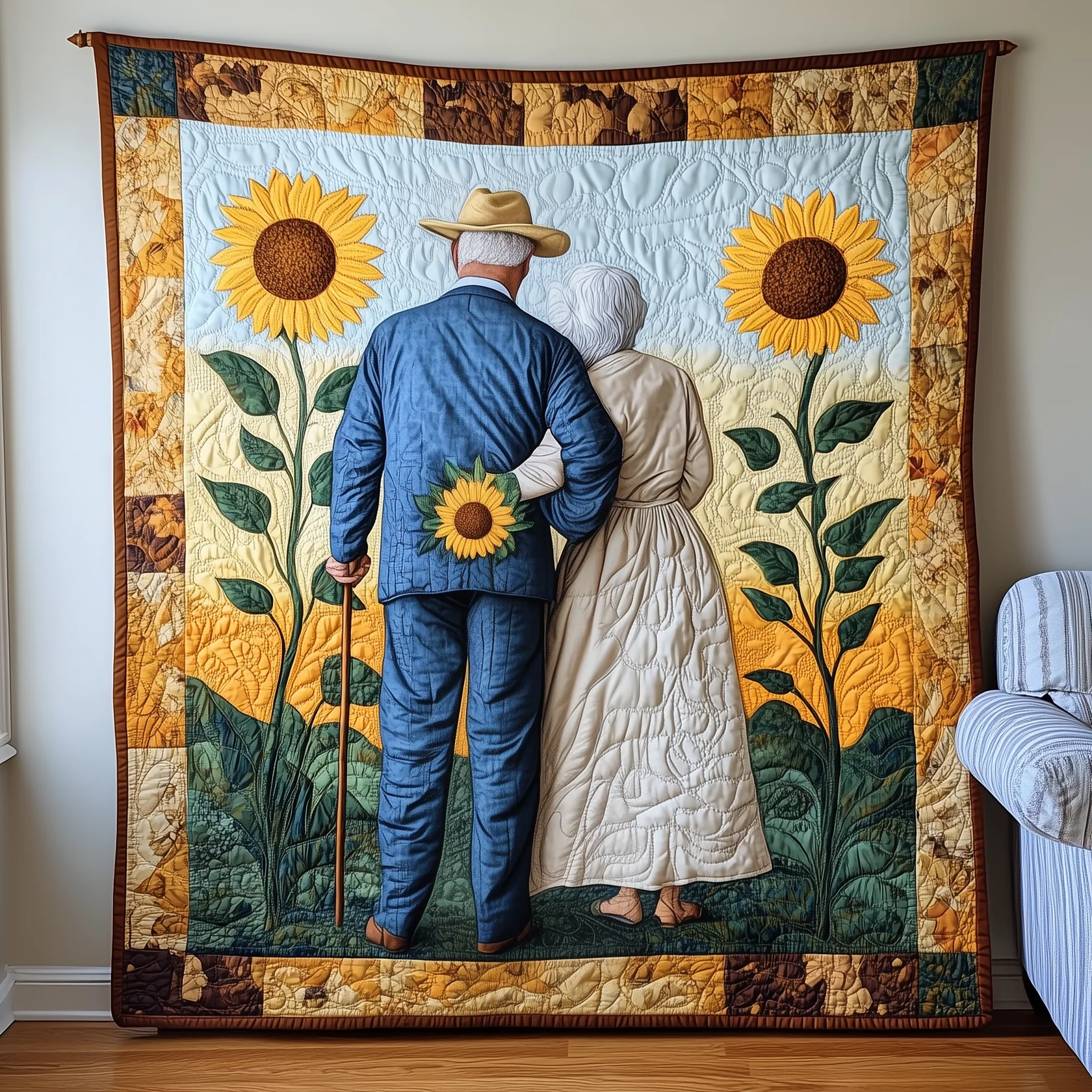 Old Couple Sunflower Lover Quilt Blanket, Valentines Couple Gift, Valentine Blanket