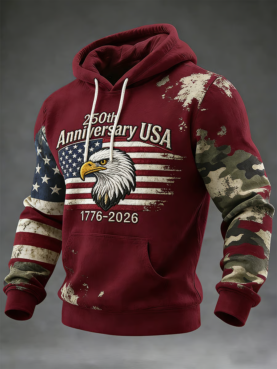 Men's Retro American 250th Anniversary Camo White Striped Hoodie, Hooded Jumper 4th Of July Gift
