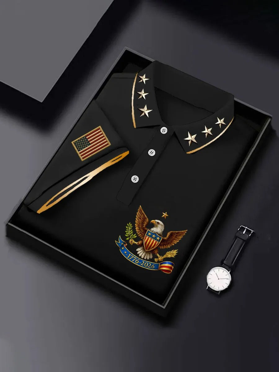 American Flag Badge Print 250 Years Anniversary 1776-2026 Men's Black Polo Shirts, Men's Patriotic Shirt