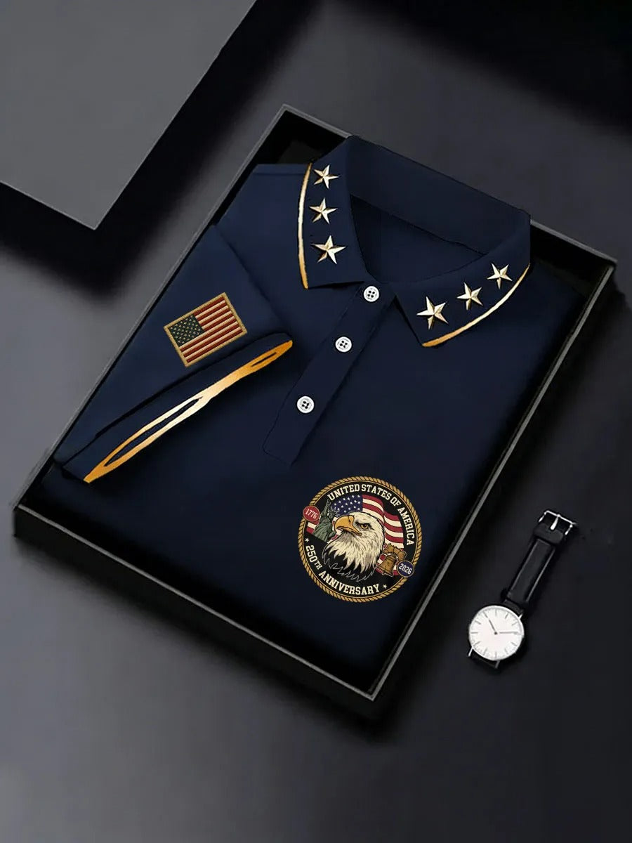 United States Of America 250 Years Anniversary 1776-2026 Men's Black Polo Shirts, Men's Patriotic Shirt