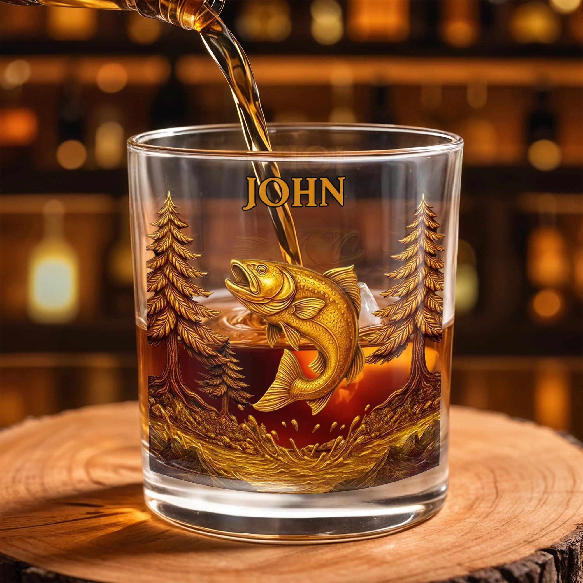 The Spirit Of Nature And Adventure, Tree And Fish Personalized Custom Whiskey Glass, Gift For Dad And Nature Lovers