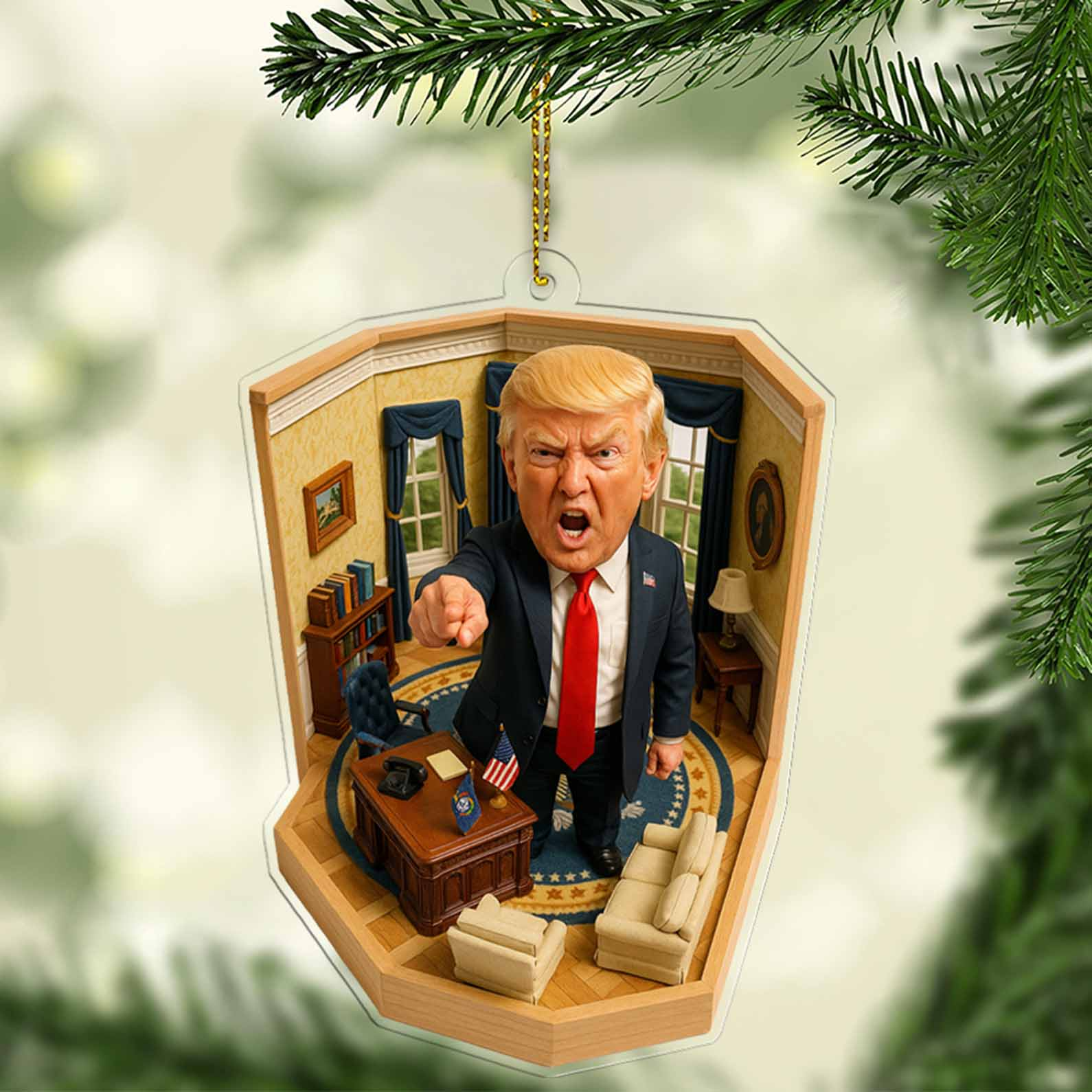 President Trump Command Pose Oval Office 2D Acrylic Ornament, Funny Keychain, Funny Christmas Ornament
