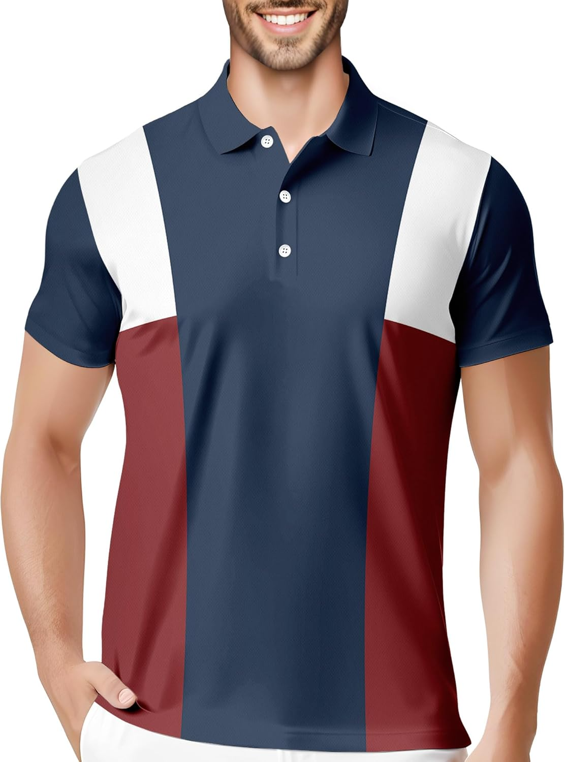 Red White Blue Color Block Funny Swing Golf Polo Shirts, Golf Gift For Men, Golf Shirts For Men