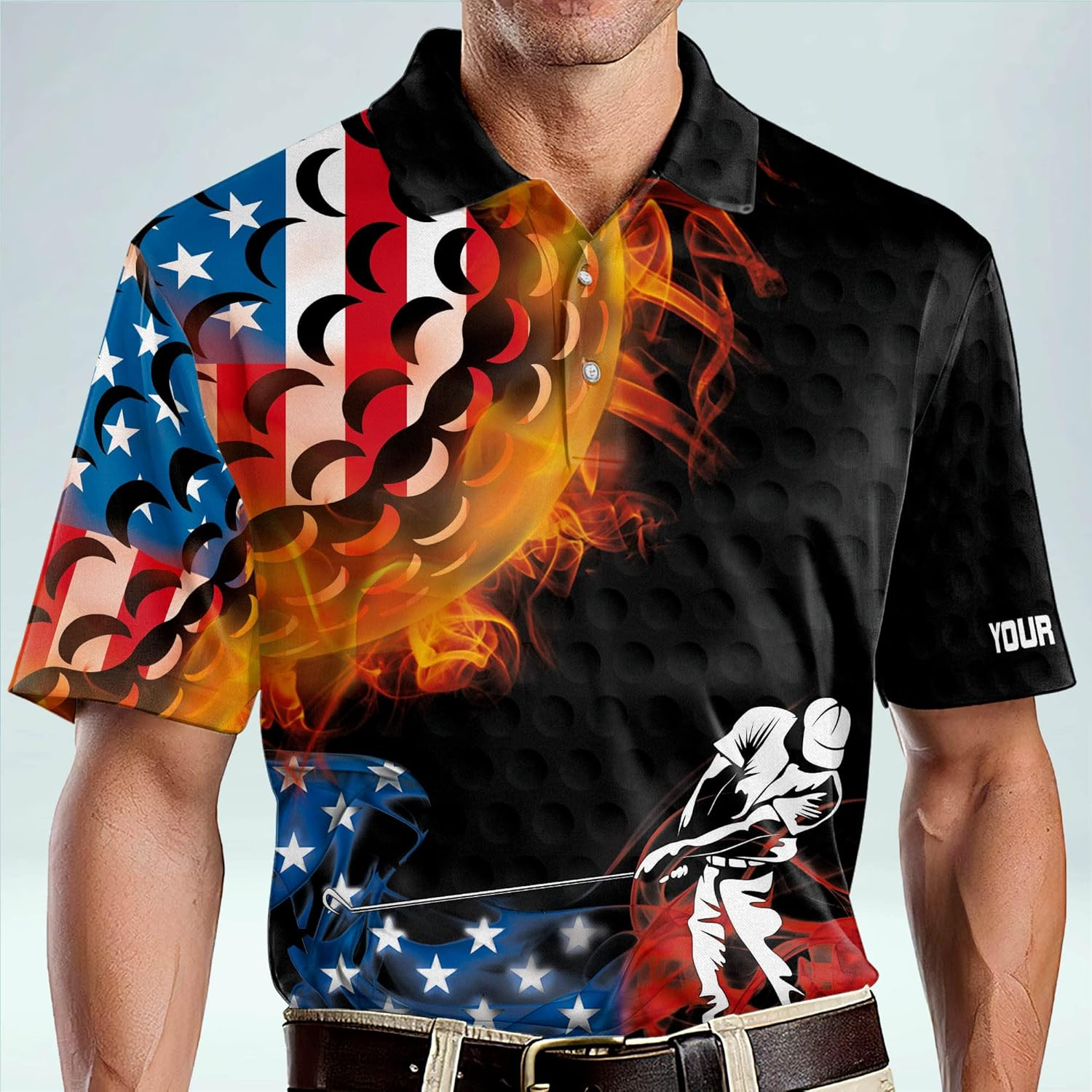 Swing Swear Drink Repeat American Flag Custom Name Golf Polo Shirts, Golf Gift For Men, Golfing Apparel