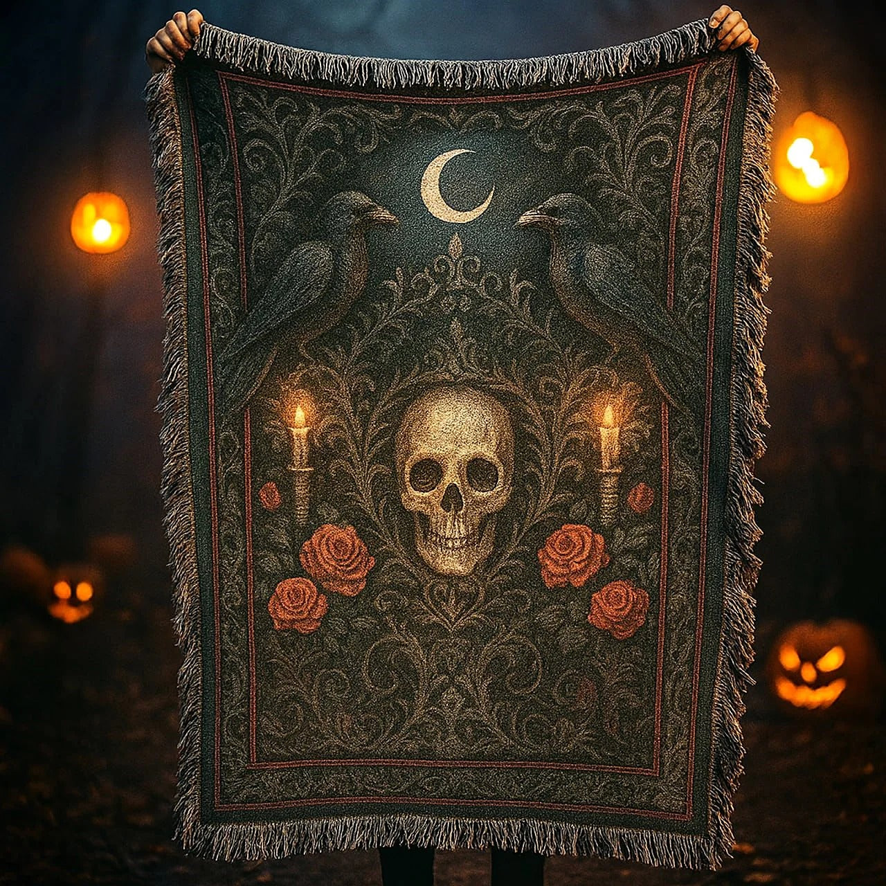 Skull Eternal Rose Halloween Woven Blanket, Horror Blanket, Fleece Blanket, Sherpa Blanket, Bedroom Decor