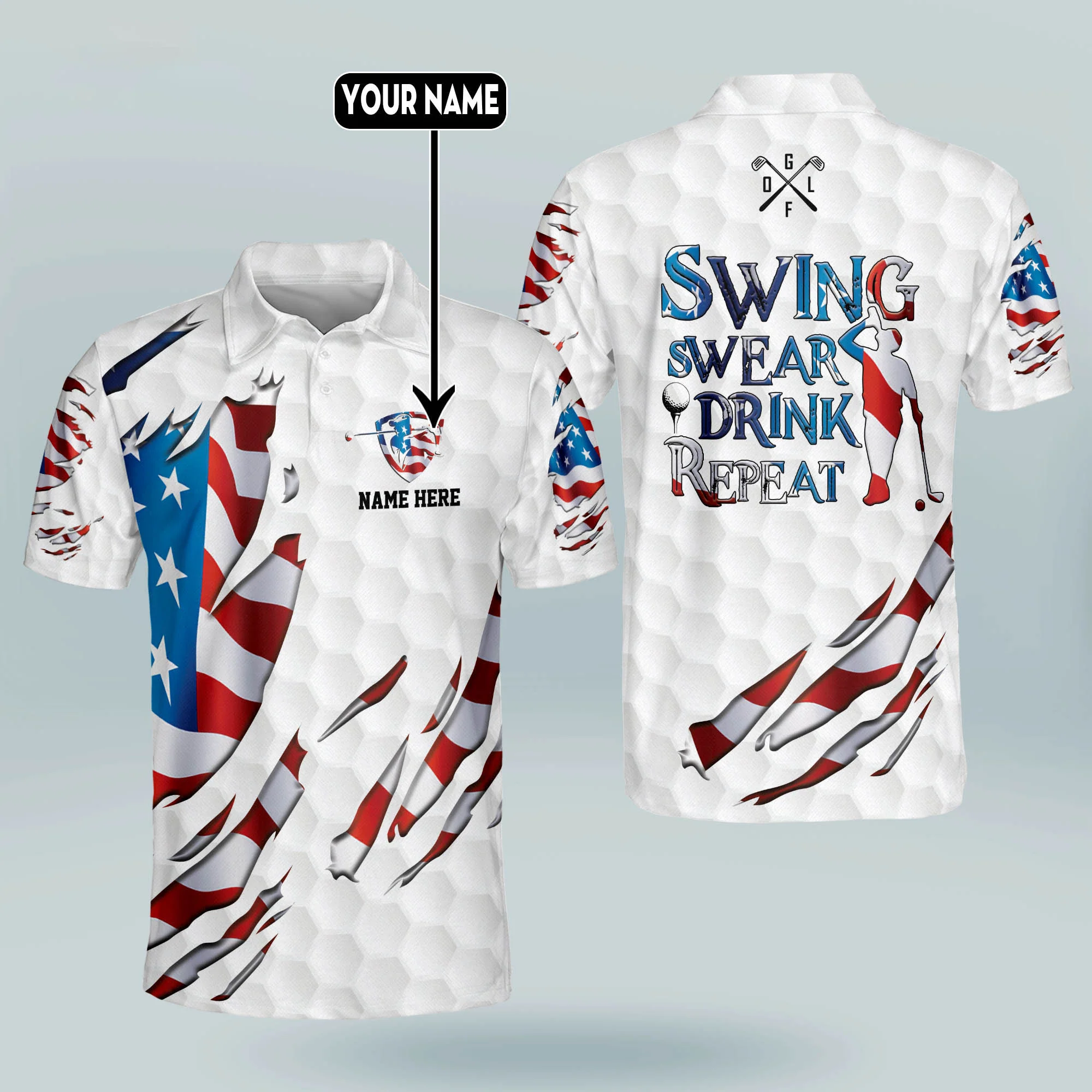 Custom Name Swing Swear Repeat American Flag Ripped Golf Polo Shirts, Golf Gift For Men, Golfing Apparel