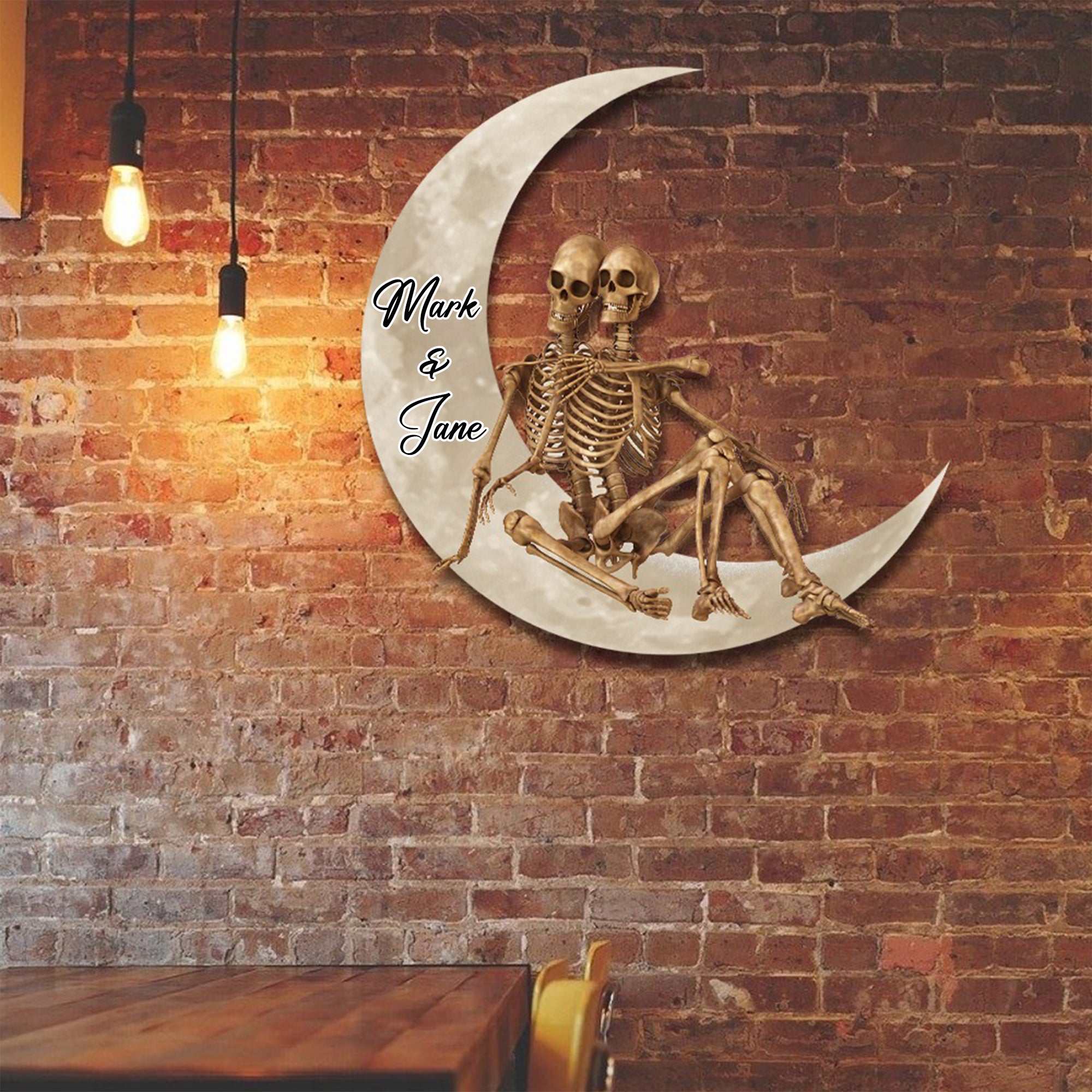 Skull Skeleton Couple On Crescent Moon Custom Valentine Wood Sign, Halloween Wood Sign, Valentine Gift Ideas