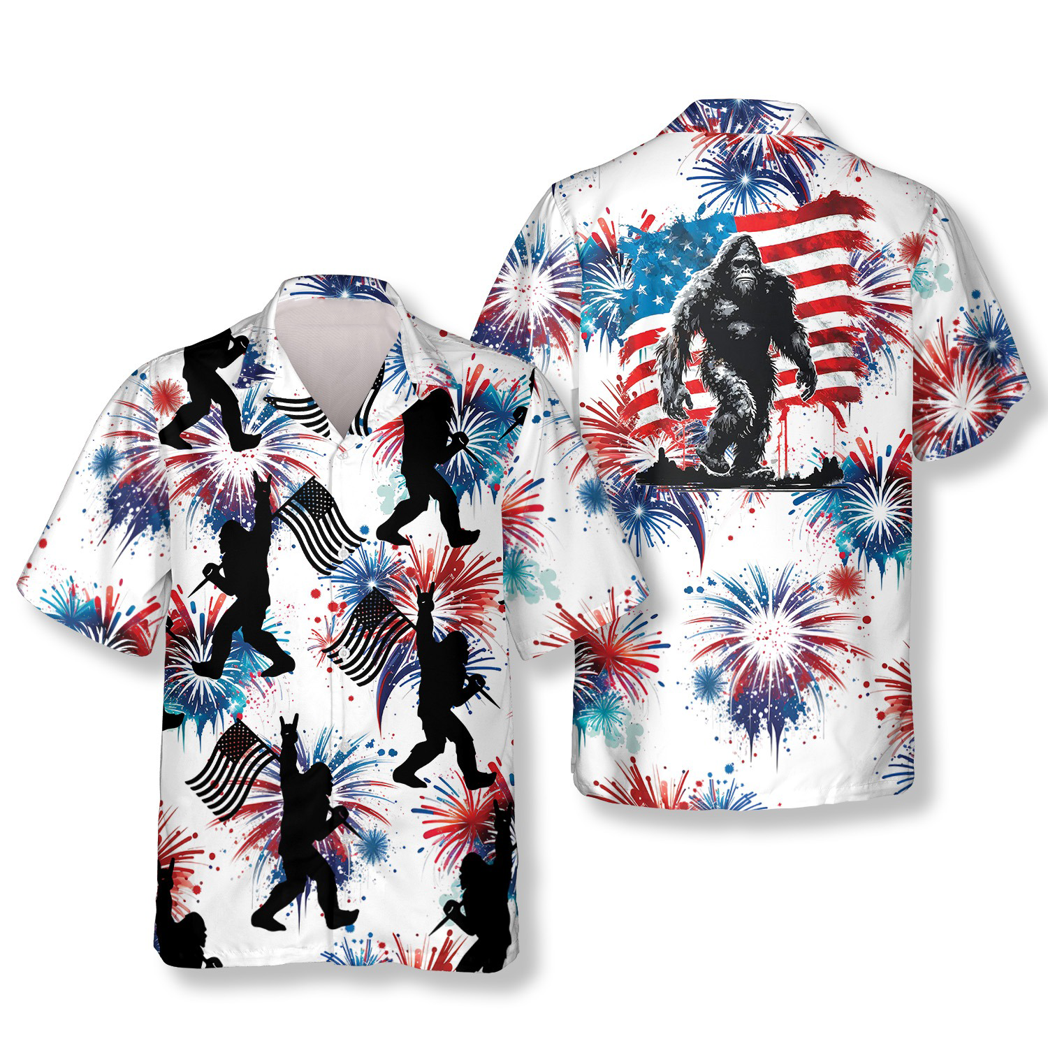 4th Of July Firework Bigfoot Hawaiian Shirts For Men, Long Sleeve Golf Shirts, Golf Lovers Gift