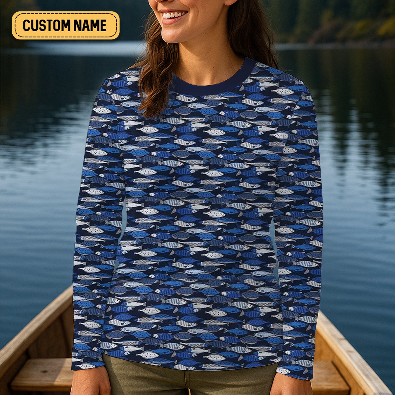 Blue Fish Pattern Performance Fishing Shirts, Fishing Shirt For Women, SPF Long Sleeve Shirts Womens