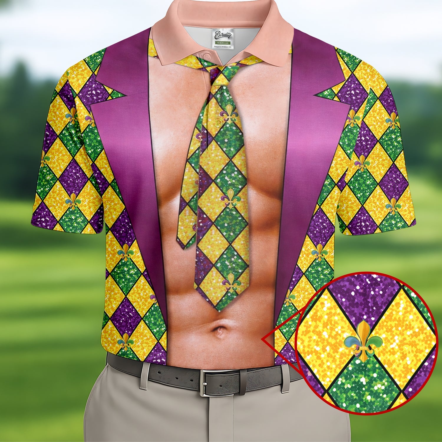 Green Purple Gold Argyle Pattern Fun Suit Mardi Gras Print Golf Shirt, Fun Golf Shirts For Men, Polo For Men