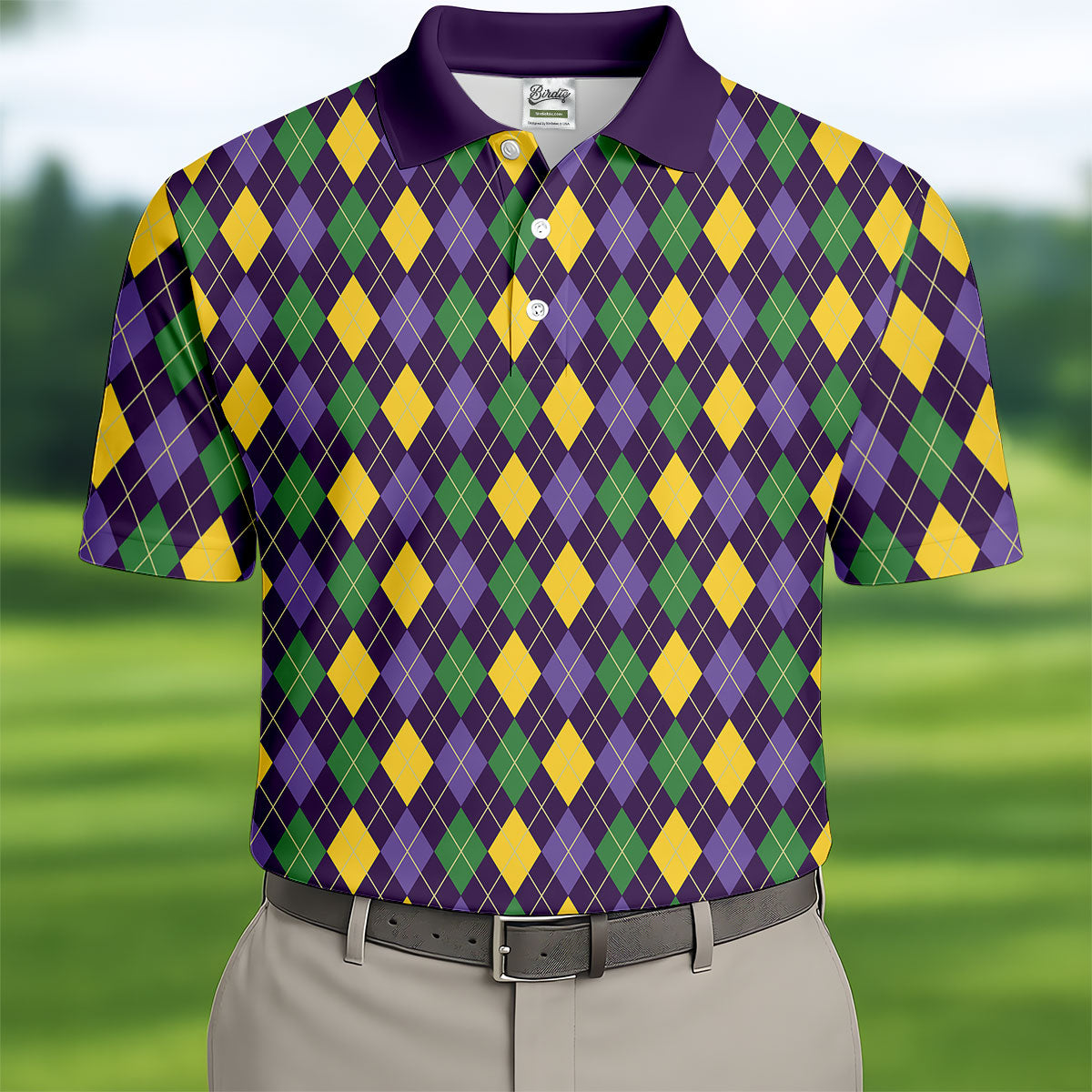 Green Purple Gold Argyle Pattern Mardi Gras Golf Shirt, Polo Shirts For Men, Golf Shirts For Men