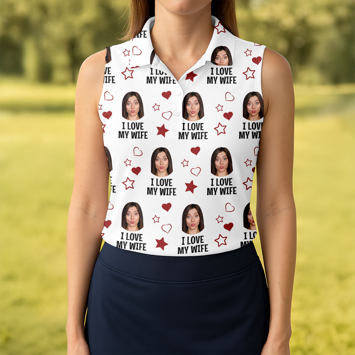 I Love My Husband Custom Face White Golf Shirt, Fun Women's Golf Shirts, Valentines Golf Gift, Ladies Golf Shirts
