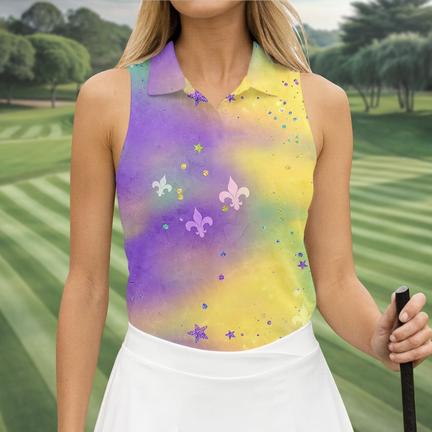Fleur-De-Lis Symbol Green Gold Purple Blended Color Mardi Gras Golf Shirt, Women's Golf Shirts, Ladies Golf Polos
