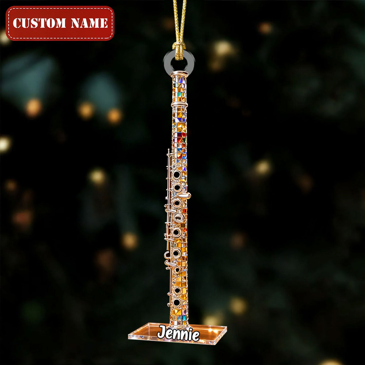 Flute Custom Name Stained Glass Effect Acrylic Christmas Ornament, Music Ornament, Musician Gift