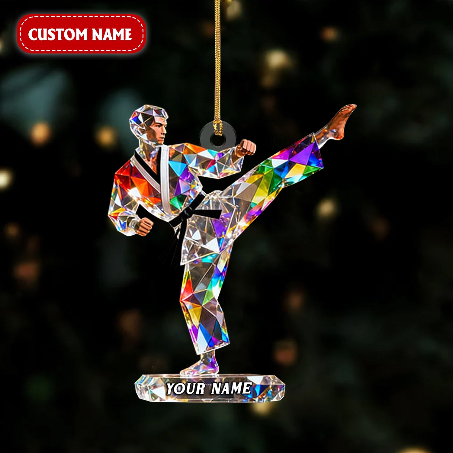 Taekwondo Pose Custom Name Stained Glass Effect Acrylic Ornament, Xmas Decor, Taekwondo Gift