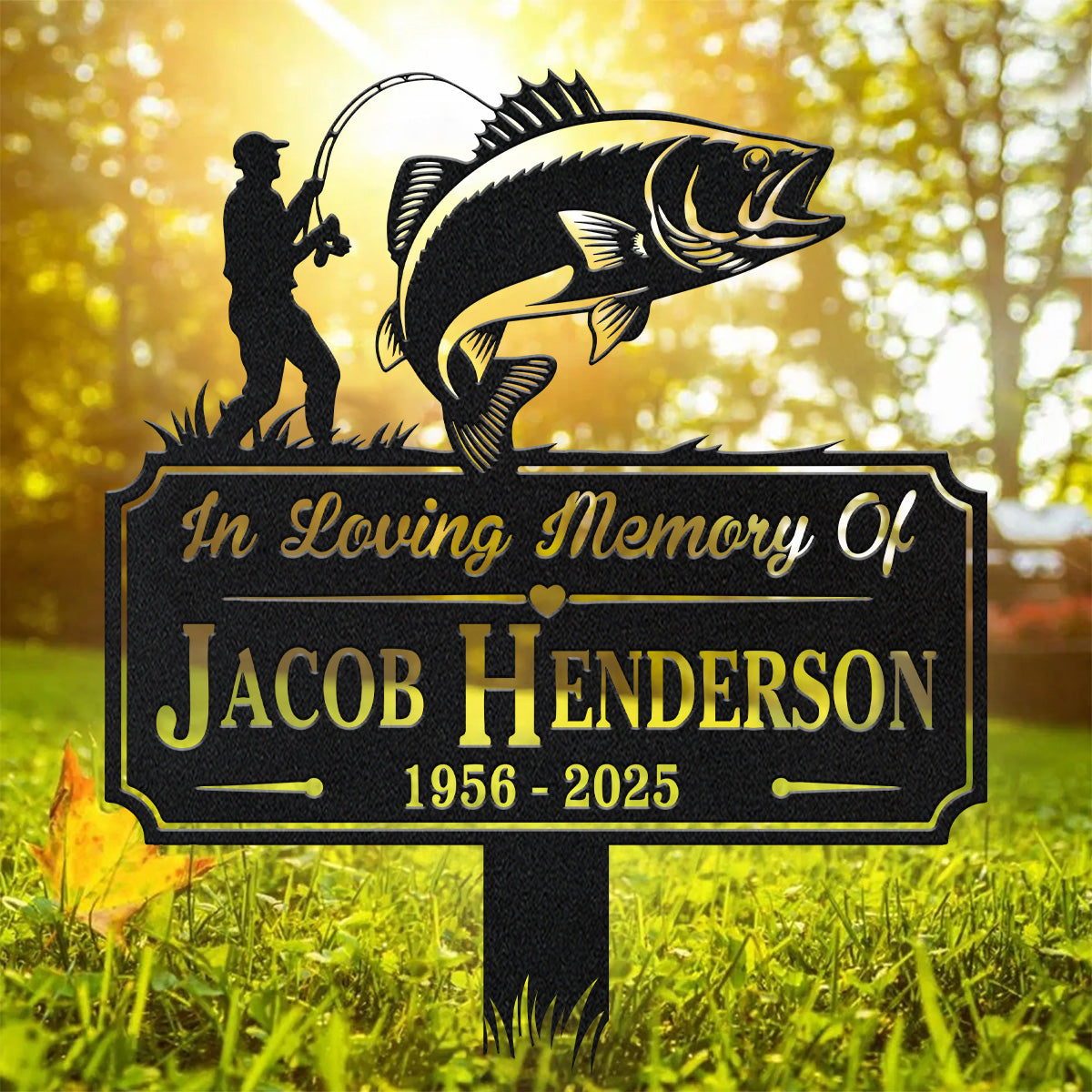 In Loving Memory Sign, Fishing Man Metal Stake, Custom Laser Cut Metal Signs, Memorial Plaque