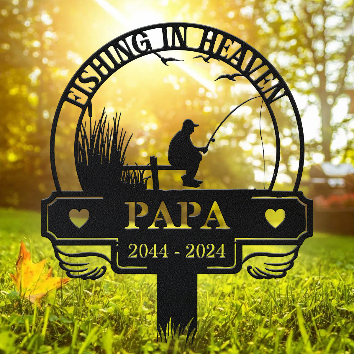 Fishing In Heaven, Papa Fishing Memorial Garden Stake, Personalized Metal Signs, Metal Garden Stakes