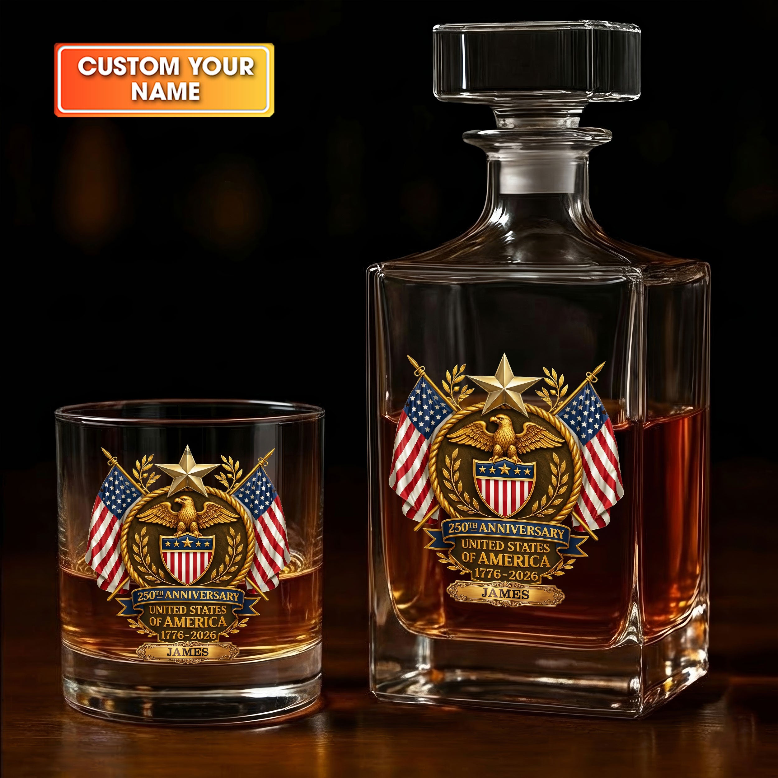 250th Anniversary Eagle Shield US Flag Stars Whiskey Decanter Set, America Patriot Whiskey Glasses