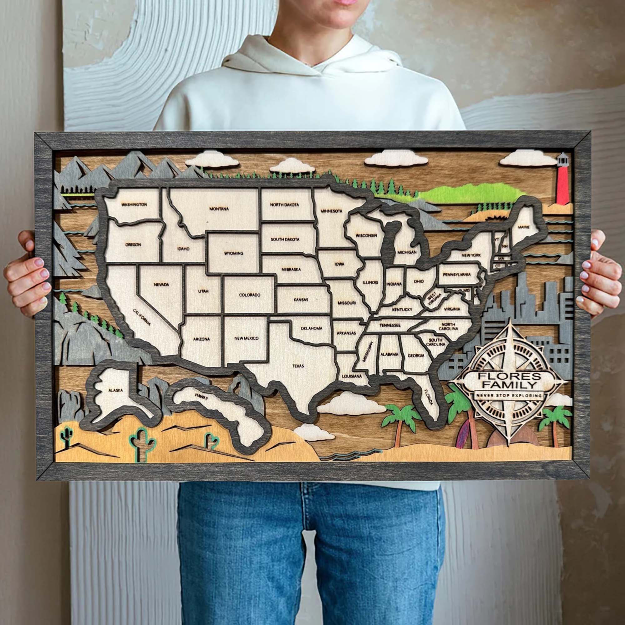 Personalized Wood US Travel Map, Landscapes Travel Map Tracker, Road Trip Tracker, Gift for Travelers