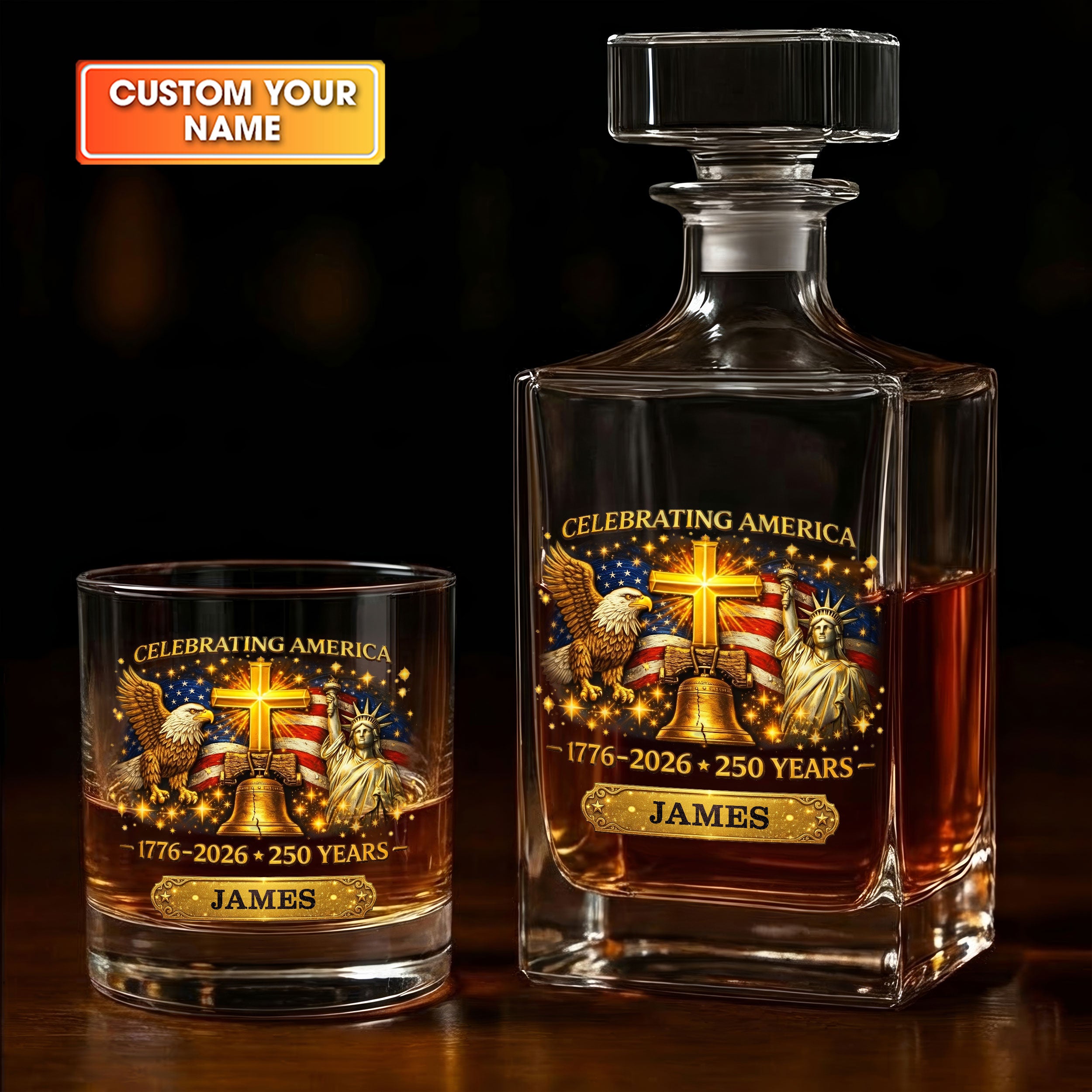 Celebrating America 1776-2026 250 Years Christian Theme Whiskey Decanter Set, America Patriot Whiskey Glasses