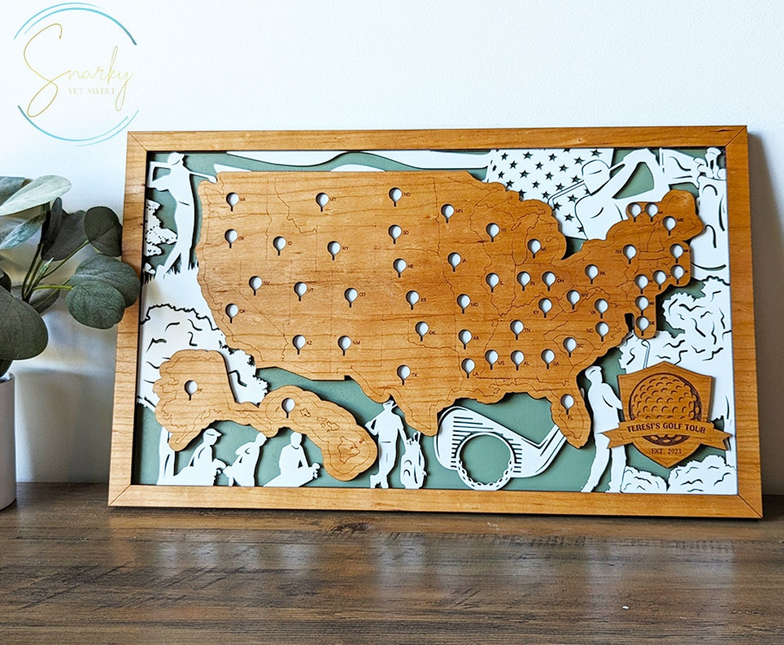 Golf Course Maps, Golf Map USA With Pin, Golf Wooden Travel Map, Gift For Golfer