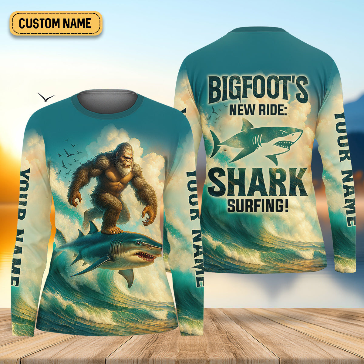 Bigfoot's New Ride Shark Surfing Fishing UPF Shirts, Funny Fishing Shirt, Women Fishing Shirt