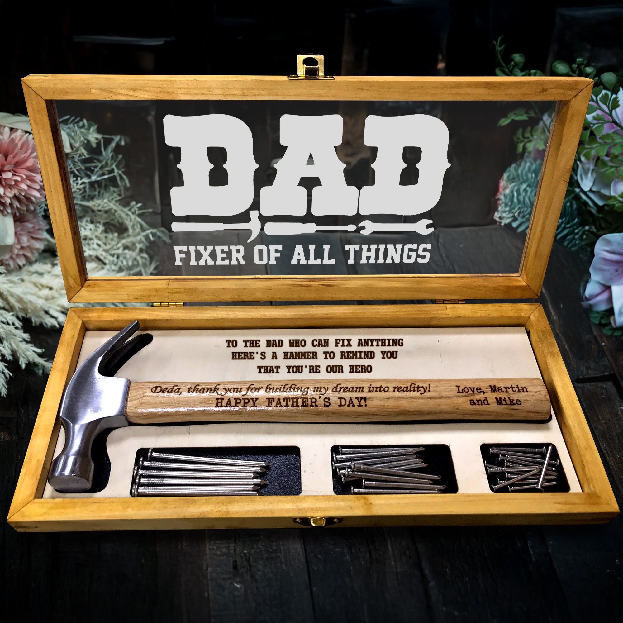 Dad Fixer Of All Things Wooden Engraved Hammer with Wood Box, Framing Hammer, Father's Day Gift