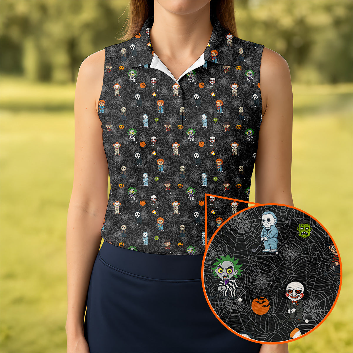 Funny Horror Character Black Golf Polo Shirt, Horror Movie Shirt, Halloween Golf Shirt, Womens Golf Polo