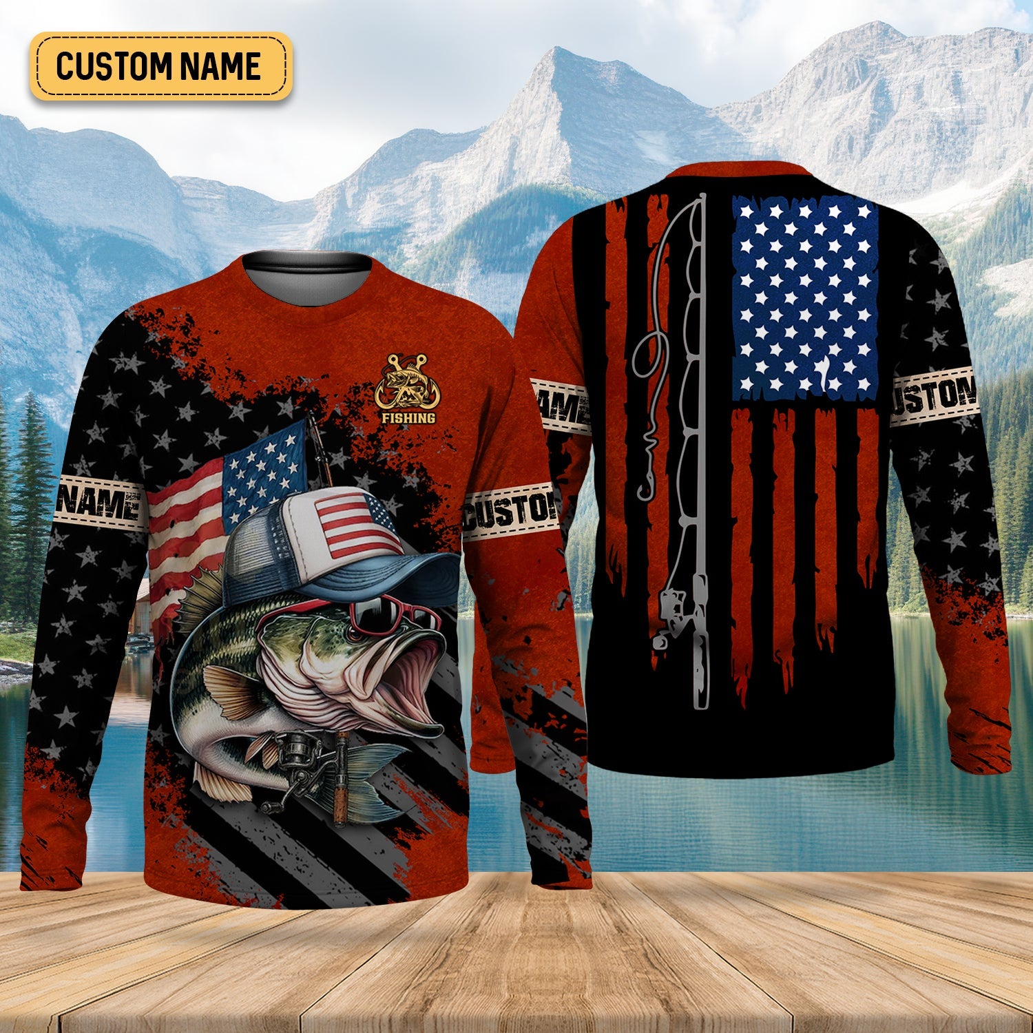 Patriotic Fishing Shirt, Largemouth Bass Fishing SPF Shirt, Fisherman Outfit, Men Long Sleeve Shirt