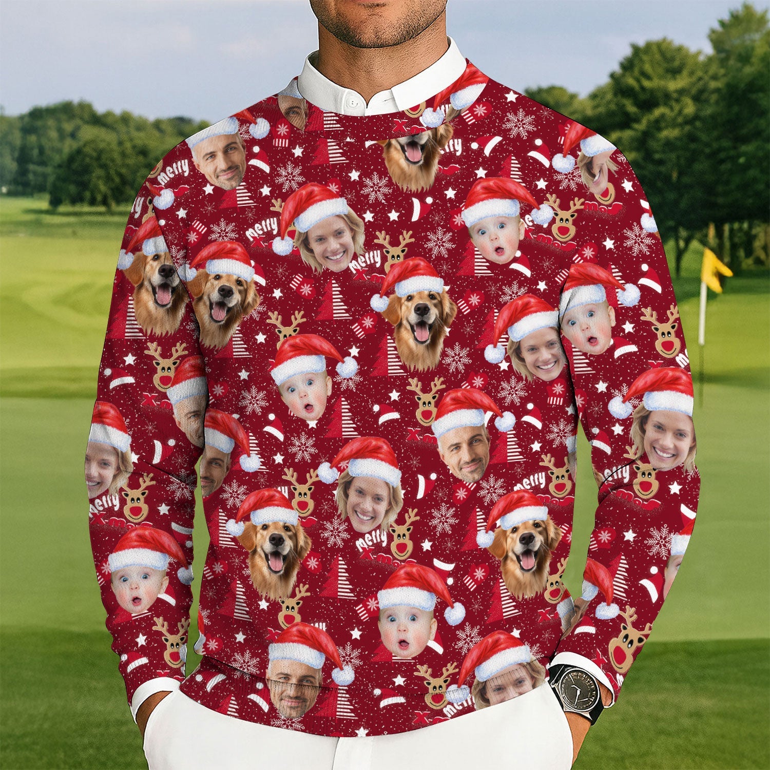 Custom Face Red Nose Reindeer Merry Xmas Red Golf Ugly Sweater, Golf Ugly Christmas Sweater, Christmas Golf Shirt