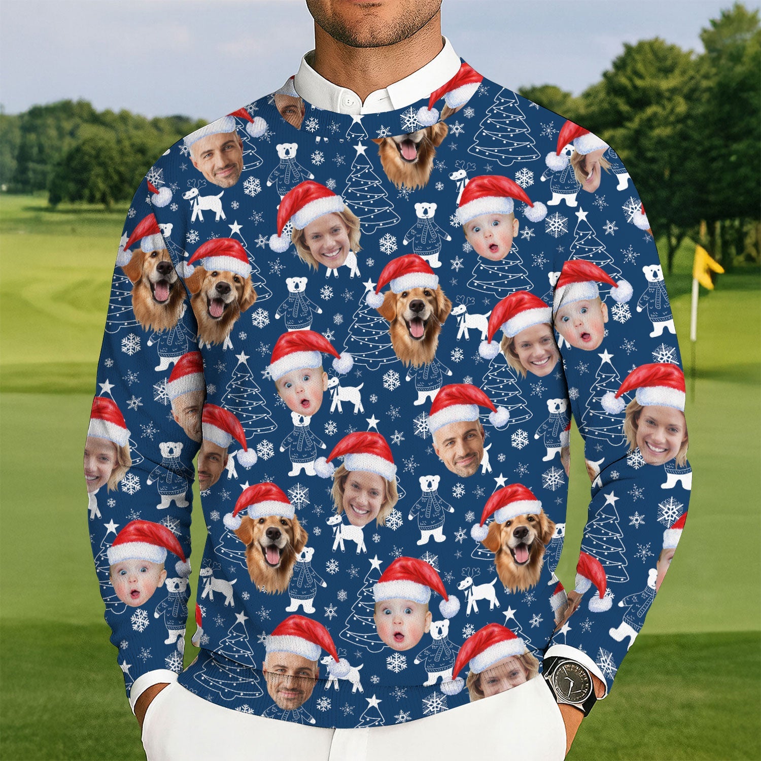 Custom Face Snow Figure Navy Golf Ugly Sweater, Golf Ugly Christmas Sweater, Christmas Golf Shirt