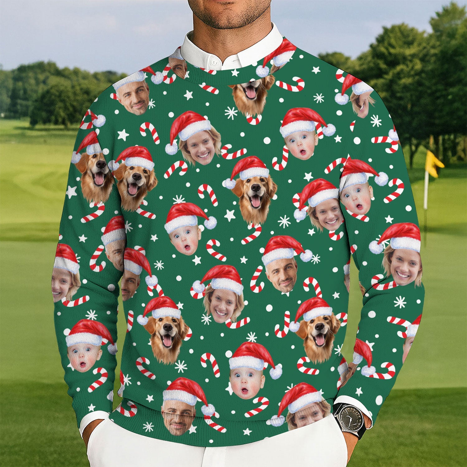 Custom Face Candy Cane Pattern Green Golf Ugly Sweater, Golf Ugly Christmas Sweater, Christmas Golf Shirt