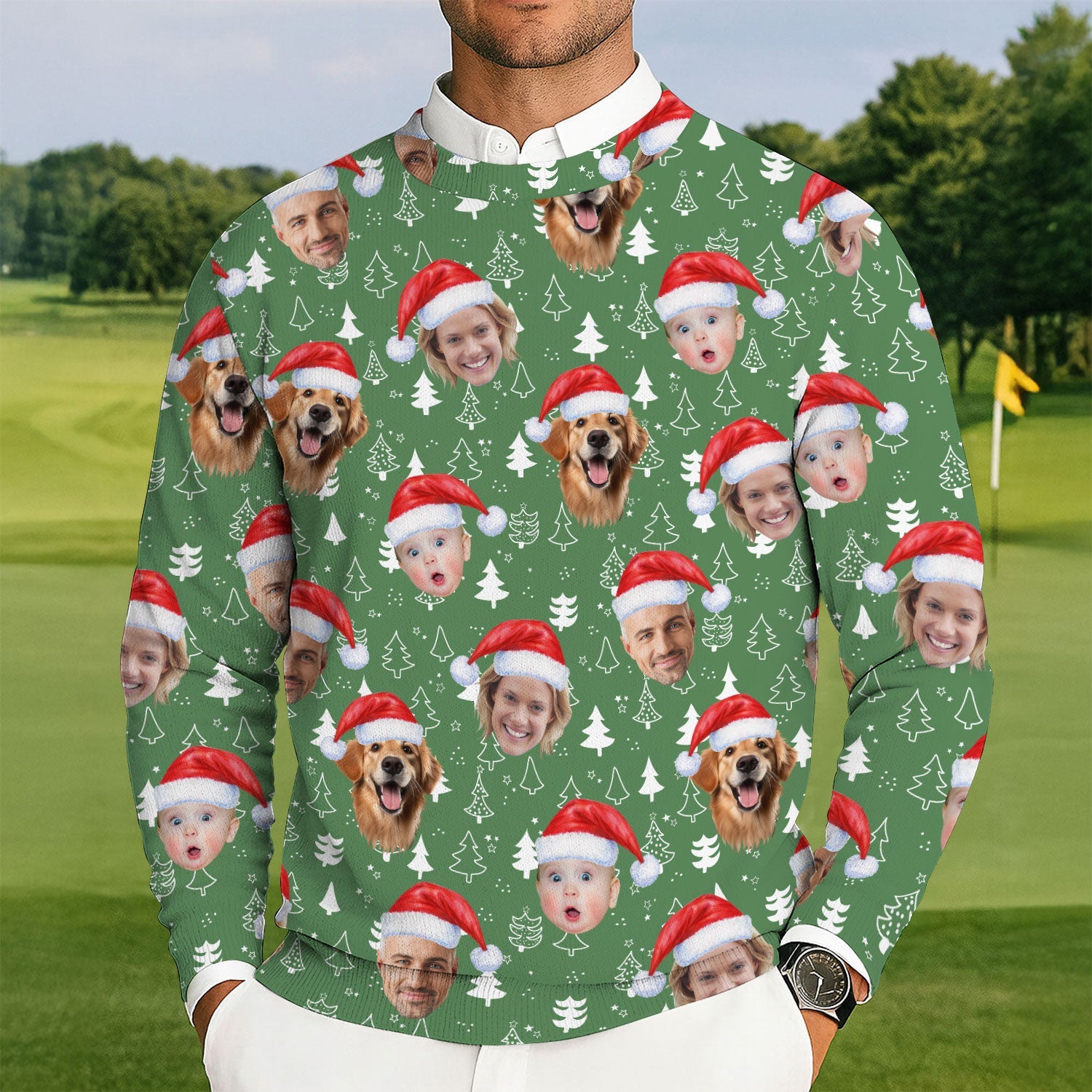 Custom Face Xmas Pine Tree Green Golf Ugly Sweater, Christmas Golf Shirt, Golf Sweater, Christmas Golf Gift