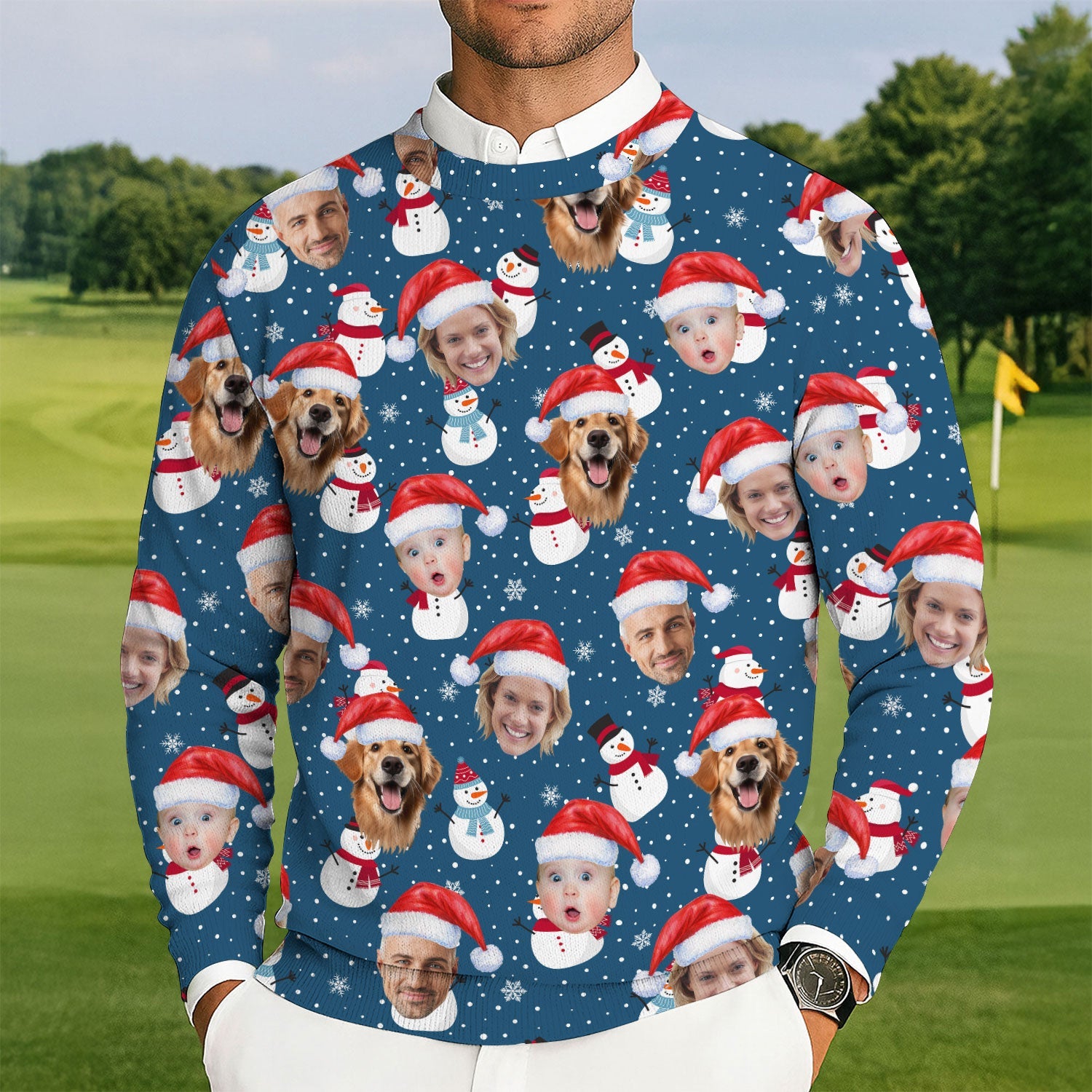 Custom Face Xmas Snowman Navy Golf Ugly Sweater, Christmas Golf Shirt, Golf Sweater, Christmas Golf Gift