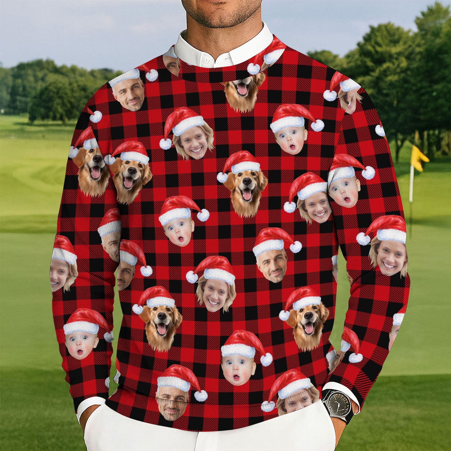 Custom Face Black And Red Checkered Golf Ugly Sweater, Christmas Golf Shirt, Golf Sweater, Christmas Golf Gift