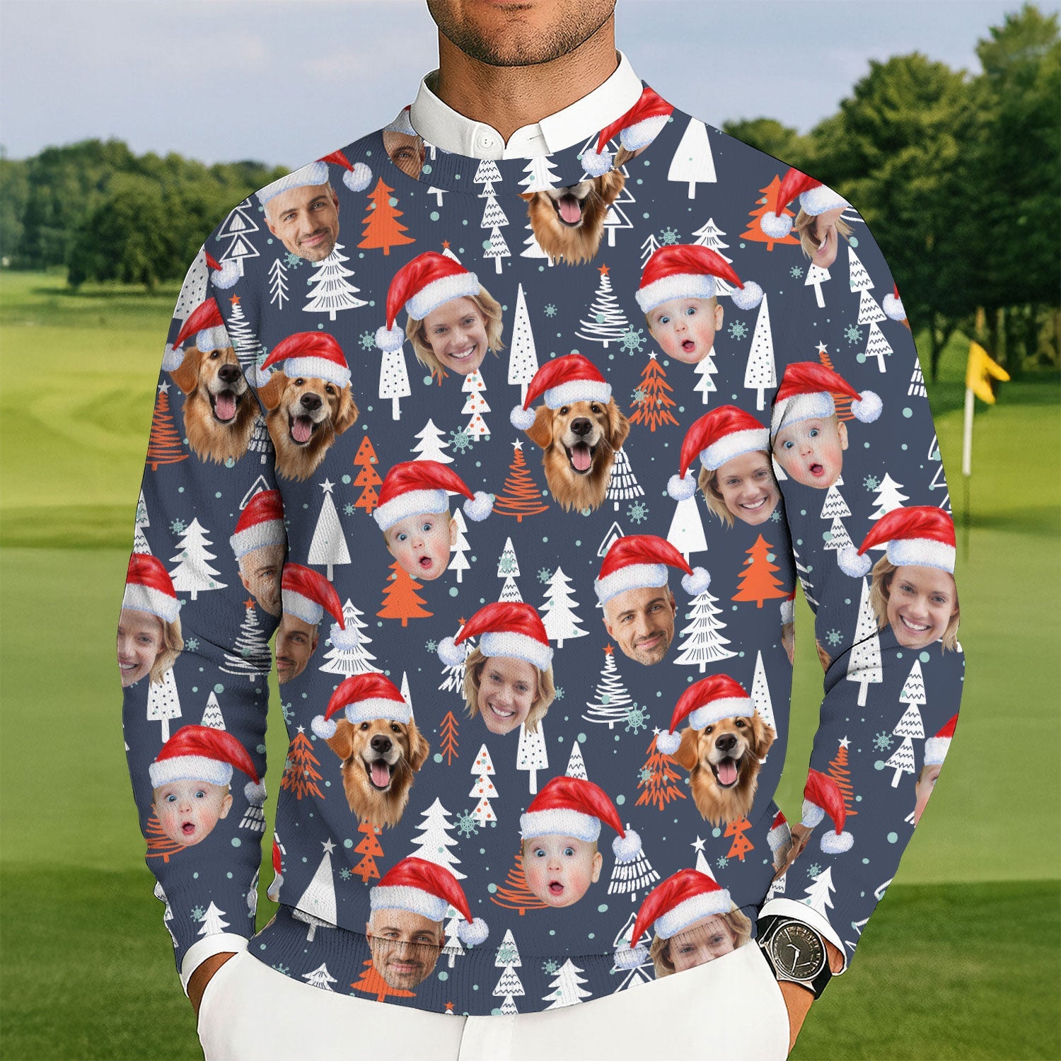 Custom Face White And Orange Xmas Pine Tree Golf Ugly Sweater, Christmas Golf Shirt, Golf Sweater