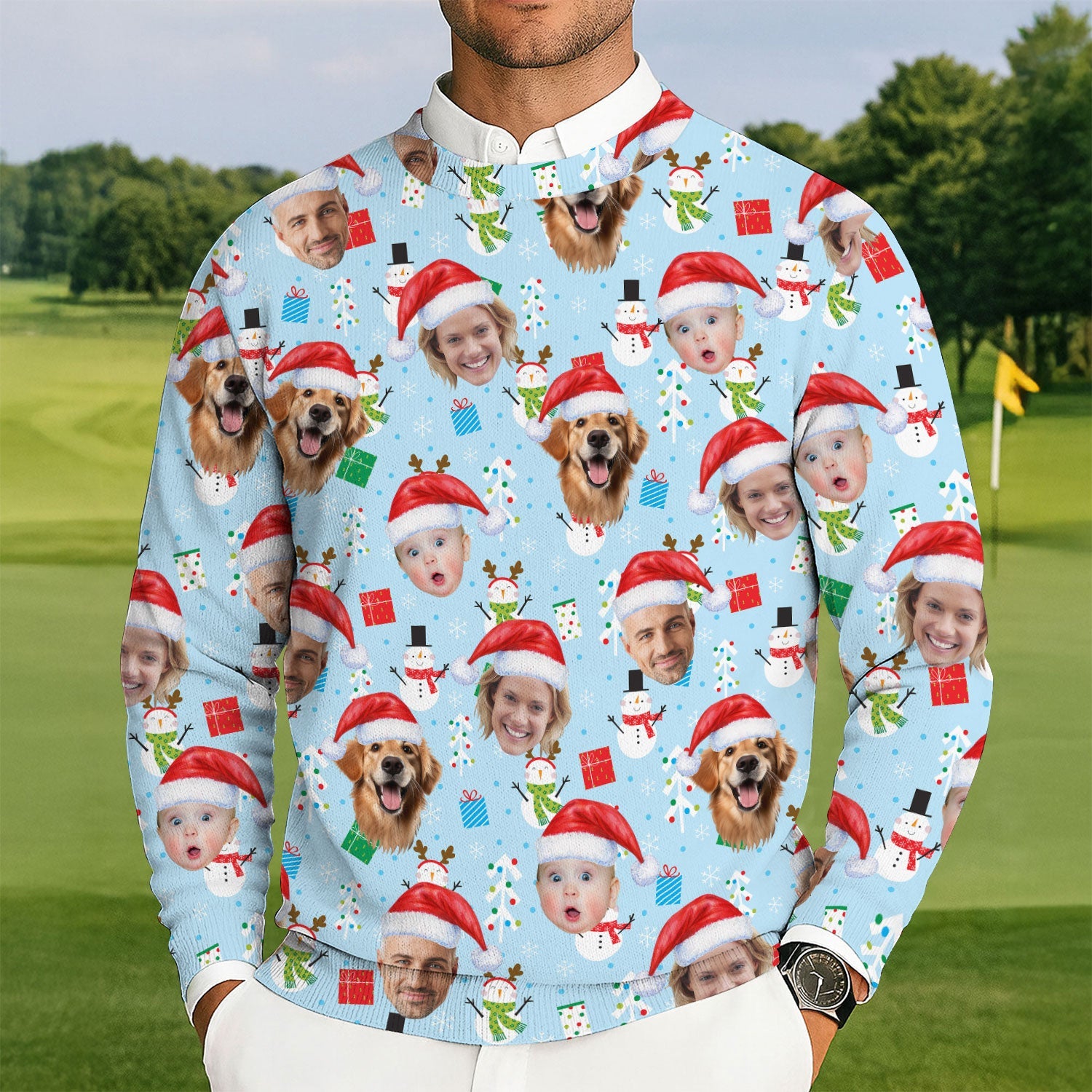 Custom Face Cute Snowman Pastel Blue Golf Ugly Sweater, Golf Ugly Christmas Sweater, Christmas Golf Shirt