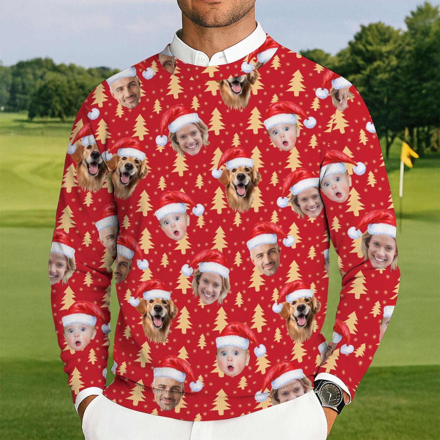 Custom Face Golden Pine Tree Red Golf Ugly Sweater, Christmas Golf Shirt, Golf Sweater, Christmas Golf Gift