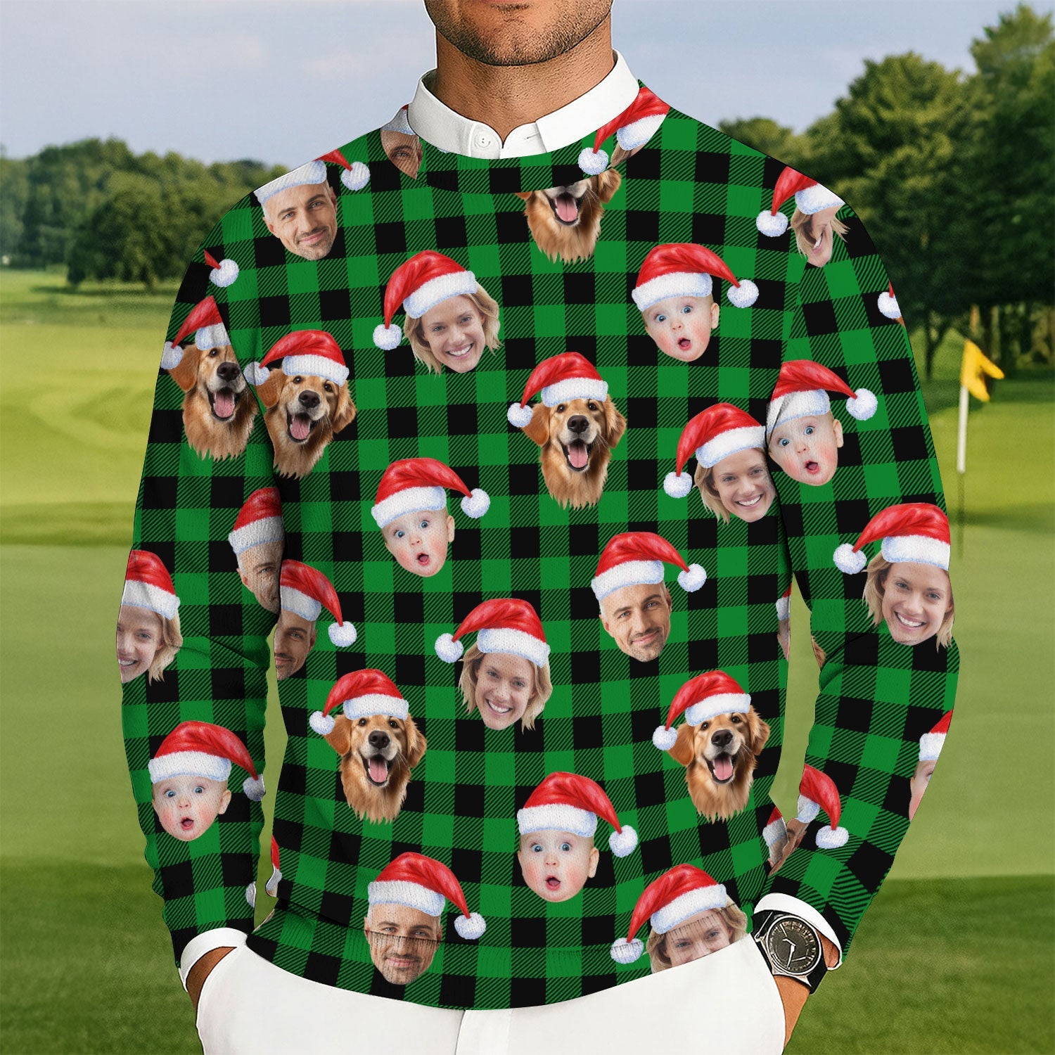 Custom Face Green Buffalo Plaid Golf Ugly Sweater, Christmas Golf Shirt, Golf Sweater, Christmas Golf Gift