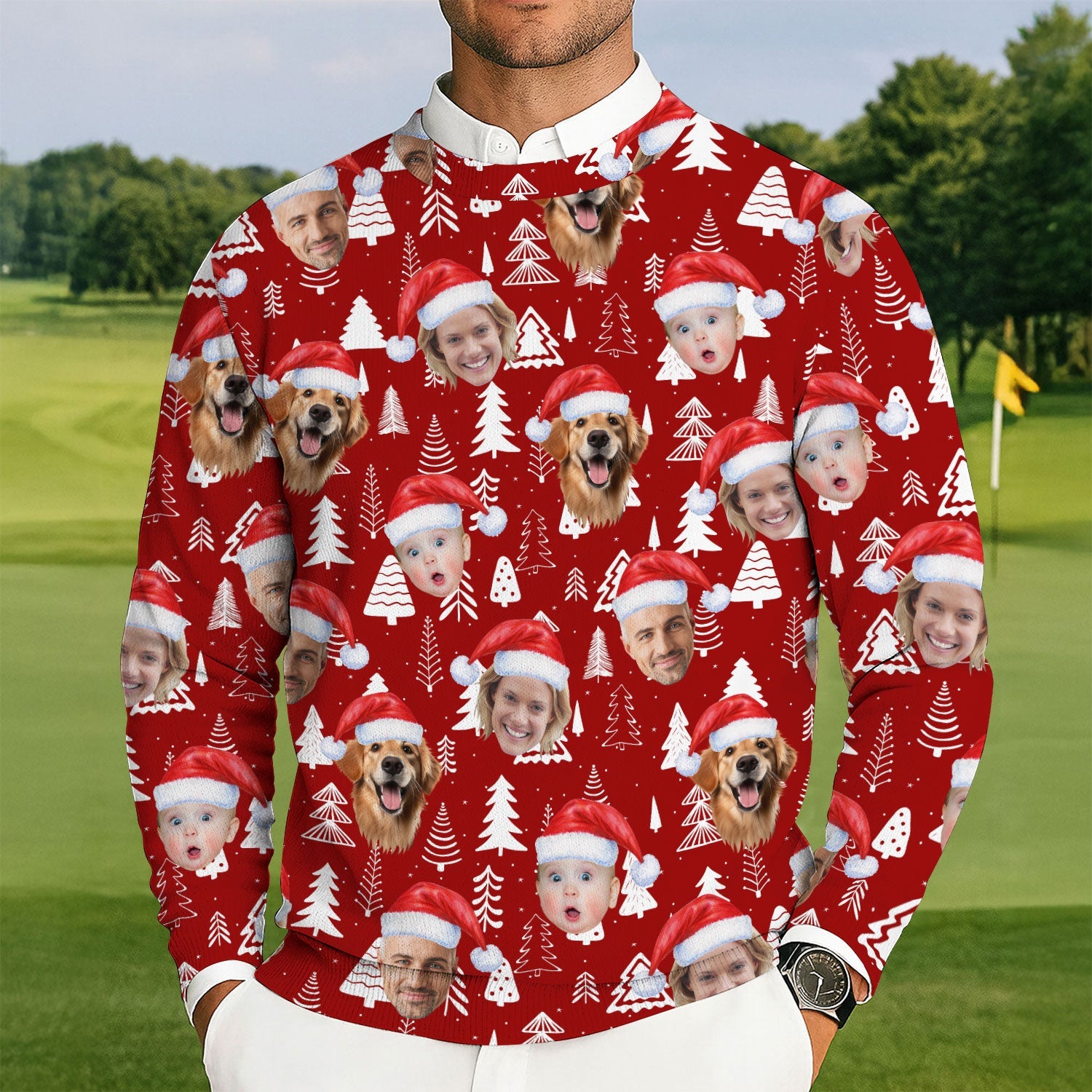 Custom Face Snow Pine Tree Red Golf Ugly Sweater, Golf Ugly Christmas Sweater, Christmas Golf Shirt