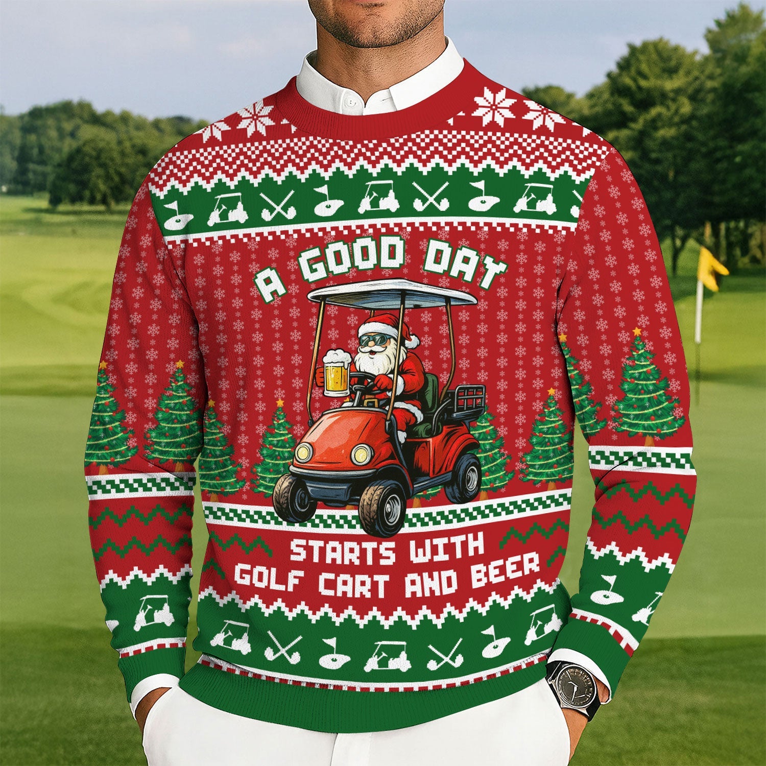 A Good Day Start With Golf Cart And Beer Christmas Ugly Sweater, Golf Ugly Christmas Sweater, Christmas Golf Shirt