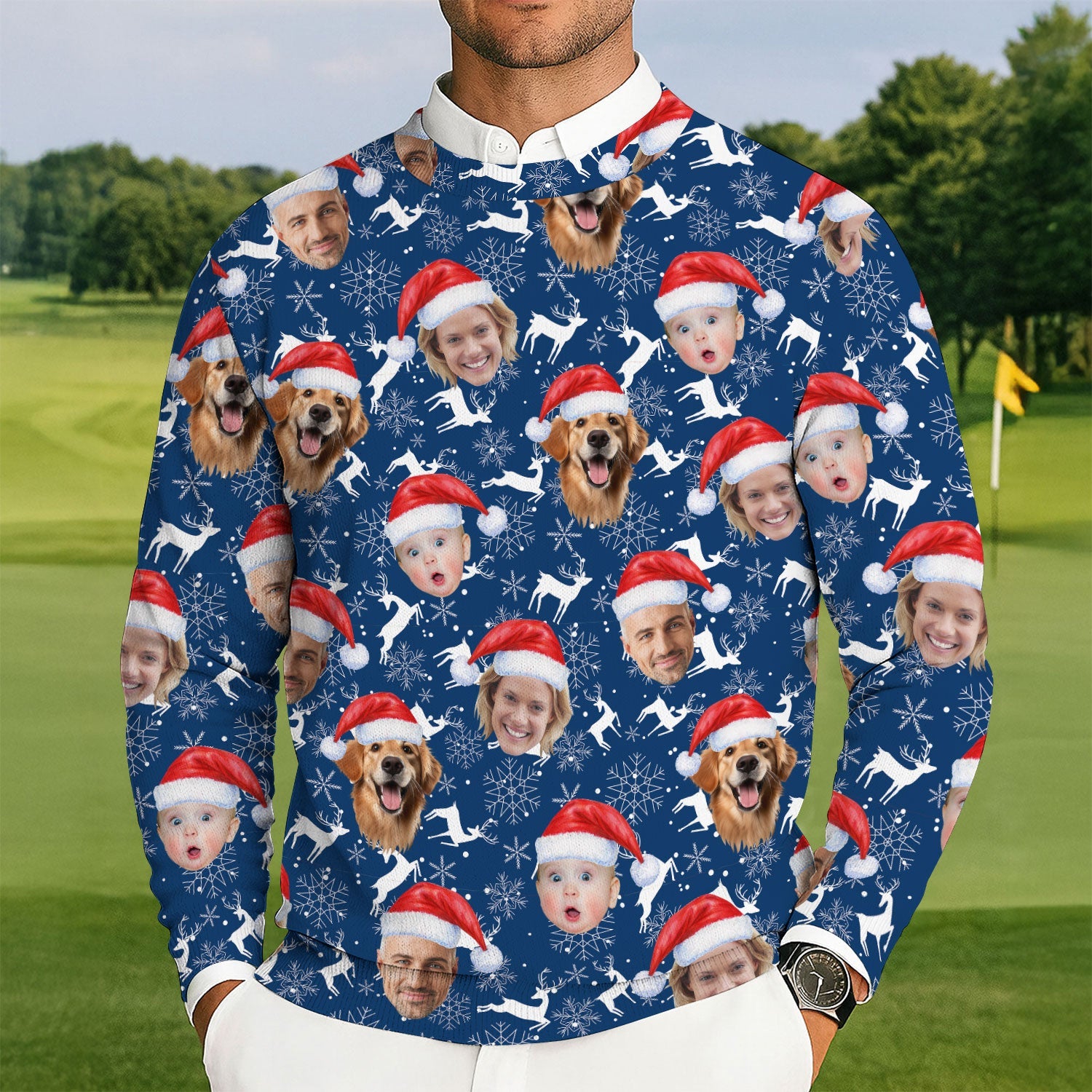 Custom Face Reindeer Pattern Navy Golf Ugly Sweater, Golf Ugly Christmas Sweater, Christmas Golf Shirt