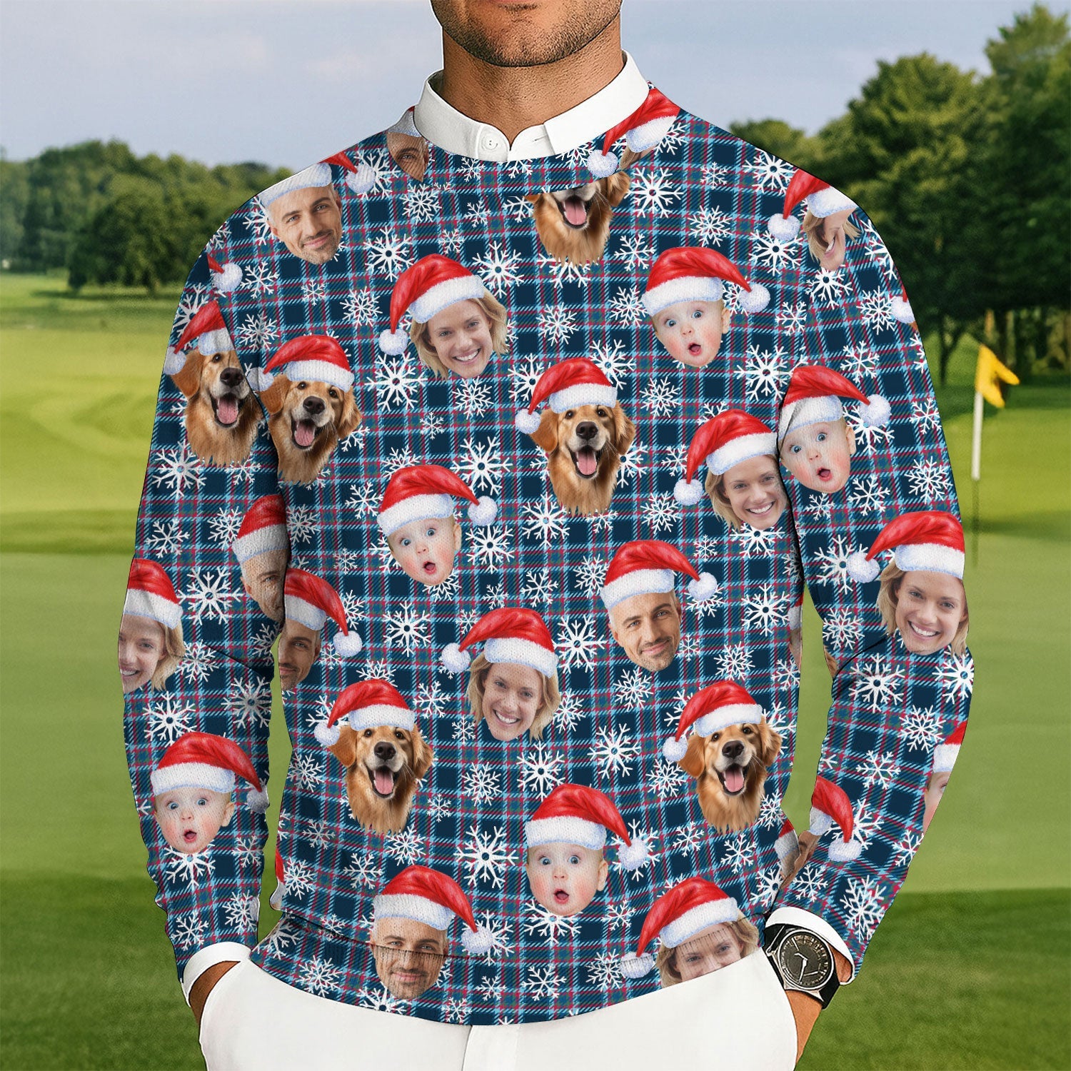 Custom Face Red And Blue Plaid Snowflakes Print Golf Ugly Sweater, Christmas Golf Shirt, Golf Sweater