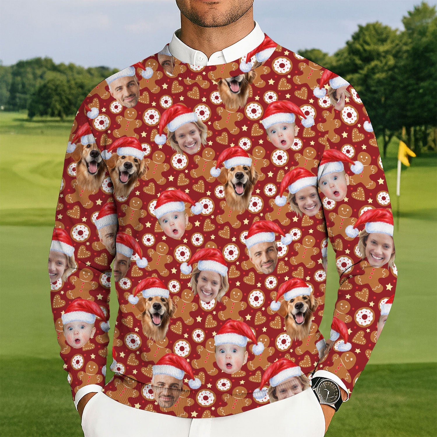 Custom Face Gingerbread Man Christmas Red Golf Ugly Sweater, Christmas Golf Shirt, Golf Sweater