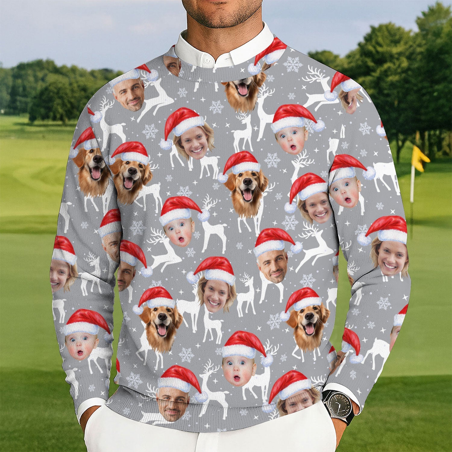 Custom Face Snow Reindeer Grey Golf Ugly Sweater, Christmas Golf Shirt, Golf Sweater, Christmas Golf Gift