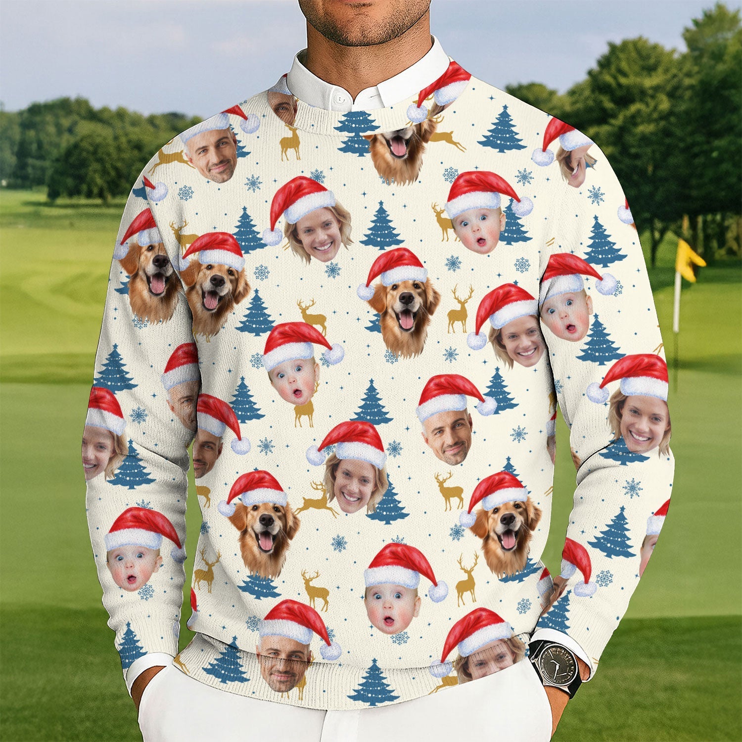 Custom Face Pine Tree Pattern Beige And Navy Golf Ugly Sweater, Christmas Golf Shirt, Golf Sweater